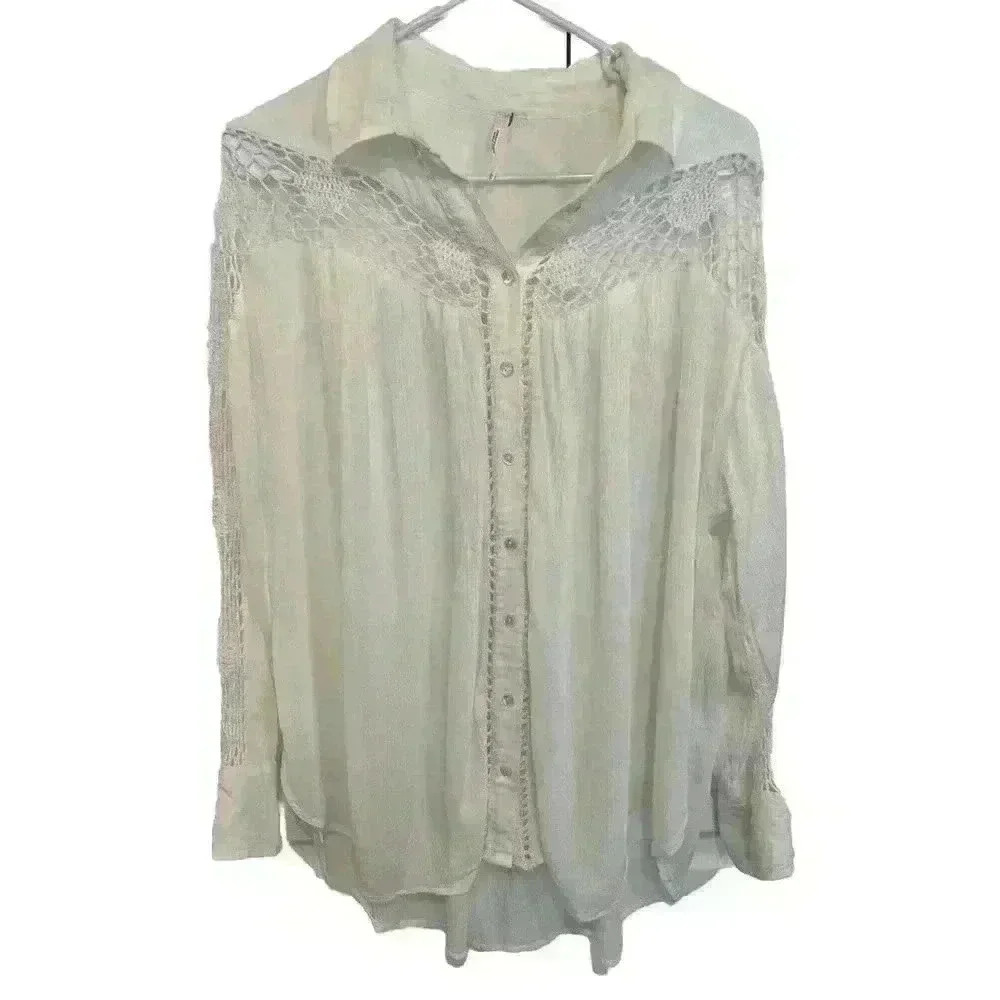 Free People Katie Bird Boho Crochet Long Sleeve Oversized Button Blouse Sz Large